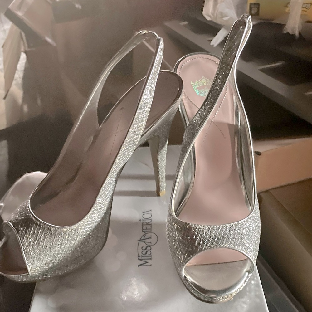 Miss America, silver sparkly heels
